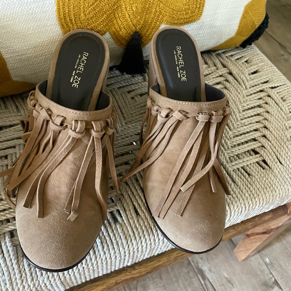 Rachel Zoe Suede Slip on Heels Clogs Mules Fringe